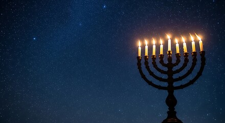 Photo of hanukkah menorah with burning candles against a starry night sky jewish holiday background with traditional hanukkah symbols and night sky