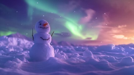 A vivid winter scene featuring a snowman in the foreground with a radiant aurora borealis in the background. The snowman is made of snow and has a cheerful expression. - Powered by Adobe