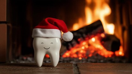 Tooth figurine with Santa hat by fireplace, dental care and Christmas holiday decoration - Powered by Adobe
