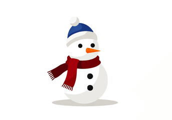 A cheerful cartoon snowman with a blue hat and red scarf stands on a white background.