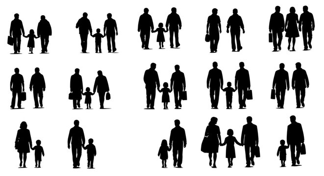 Multiple figures depicting parents and children walking side by side