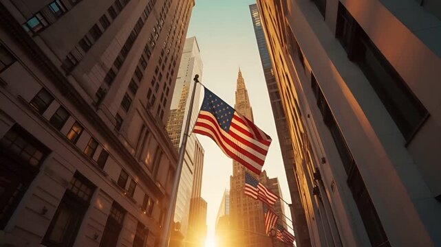 Aerial view of New York City during sunset with American flags and skyscrapersskyscraper with American flag in cityscape during golden hourNew York City skyline during sunset.