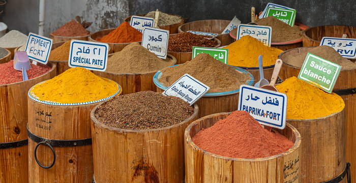 Various typical Tunisian spices displayed for sale in the bazaar in Nabeul, Tunisia, North Africa.