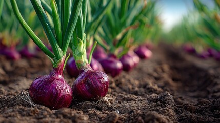 Rows of vibrant red onions rise from the earth, green shoots reaching for the sun. The close-up showcases the onion's textured skin and the rich, fertile soil beneath.