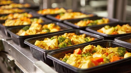 A line of pre-made meals in black plastic containers, filled with cooked vegetables like broccoli and carrots and seasoned with a yellow sauce, perfect for a quick lunch or dinner.