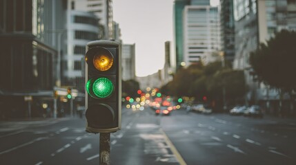 Traffic light showing green and yellow signals on urban street with blurred city buildings and vehicles in the background during early evening hours