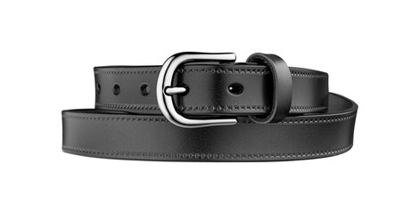 Horizontal close-up of a black leather belt showing texture, stitching, and metal buckle. Ideal for backgrounds, mockups, and design templates.