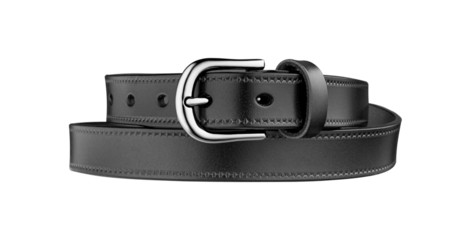 Horizontal close-up of a black leather belt showing texture, stitching, and metal buckle. Ideal for backgrounds, mockups, and design templates.
