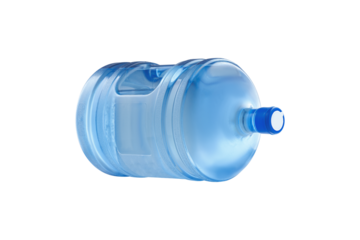 Isolated studio shot of a blue 5-gallon water jug. Ideal for themes of delivery services, hydration, packaging, and household supplies.