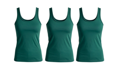 Three front-facing teal tank tops on a black background, showcasing different styles