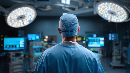 Fototapeta premium Surgeon in operating room with advanced technology, poised and ready for a critical procedure. The bright lights and modern equipment highlight the high-stakes setting.