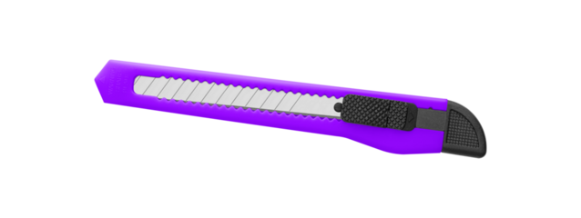 A bright Purple utility knife featuring a black handle and retractable blade, ideal for precise cutting. Perfect for office or craft projects, with ergonomic and safe design.