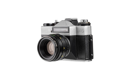 Fototapeta premium Stylish old analog camera isolated on white, ideal for photo studios, retro-themed designs and advertising concepts.
