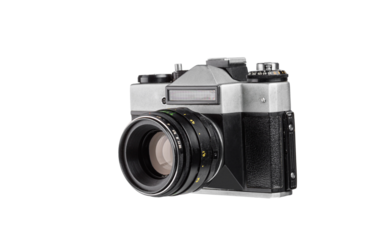 Stylish old analog camera isolated on white, ideal for photo studios, retro-themed designs and advertising concepts.
