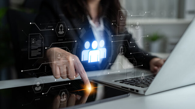 Concept of a digital human resources platform for workforce management. An applicant tracking system helps in team building by organizing employee and candidate profiles. Fermion - Powered by Adobe