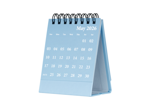 Desktop calendar for May 2026 in blue colour. Mini planner for business and finance, spiral view on isolated white background close up.