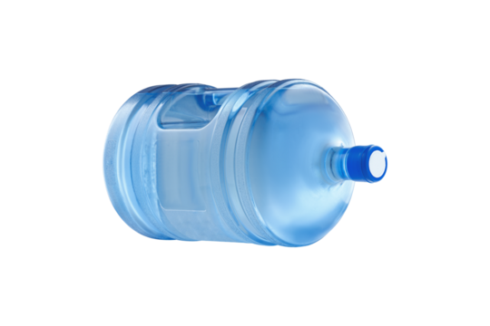 Isolated studio shot of a blue 5-gallon water jug. Ideal for themes of delivery services, hydration, packaging, and household supplies.