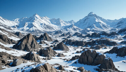 Snowy mountain range with rocky terrain foreground