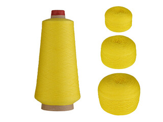 A Yellow thread set with a spool on a cardboard bobbin and two smaller balls, isolated on a white background. Perfect for sewing, knitting, or craft projects, this gentle thread adds a soft