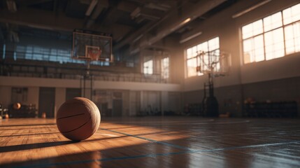Sunlight Streaming into Empty Basketball Court with a Solo Basketball on the Floor and Shadows Stretching Across the Wooden Surface