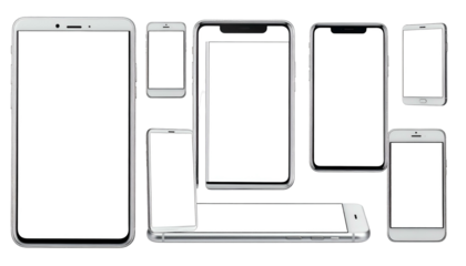 Collection of various rectangular, silver-colored mobile phones with blank white screens