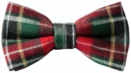 Close-up of a vibrant plaid bow tie featuring a mix of red, green, and black with white and gold accents, perfect for adding a touch of elegance and flair to any outfit.