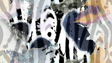 Stripe animal motif. Seamless pattern line and crackle textures. Modern summer geometric shapes on abstract brush. Contrast graphic vector background. Watercolor blobs and daubs, ink and stains.