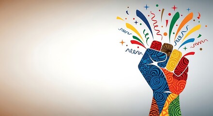 Vibrant celebration of unity and diversity with a raised fist symbol and colorful confetti, conveying strength, empowerment, and community spirit