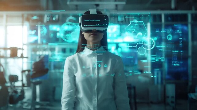 A woman in a white lab coat is immersed in a virtual environment. She is wearing a virtual reality headset and appears to be interacting with a holographic interface.