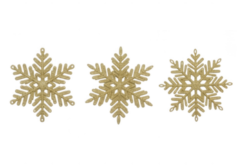 Three golden snowflakes isolated on transparent background