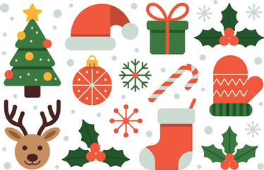 Christmas Icons Set Flat Vector Winter Holiday Elements Transparent background