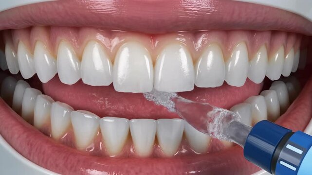Animation of a water flosser jet stream cleaning teeth.