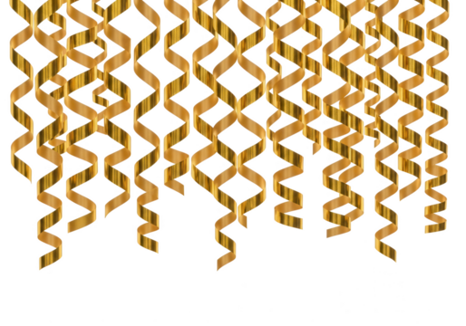 Golden swirling streamers isolated on transparent background