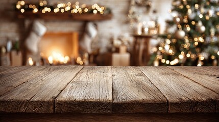 Naklejka premium A rustic wooden table stands before a warmly lit room with a Christmas tree and fireplace, evoking a sense of cozy holiday cheer and anticipation. Perfect scene for christmas time!