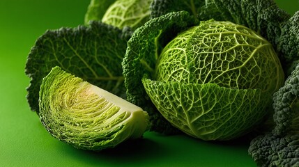 Fototapeta premium Fresh and vibrant savoy cabbages with intricately textured leaves. This image showcases the beauty and freshness of farm-to-table produce on a matching green backdrop.