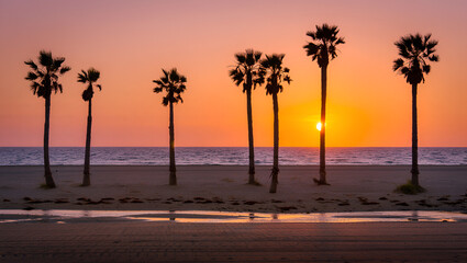 Vibrant sunset with silhouetted palm trees on a tranquil beach