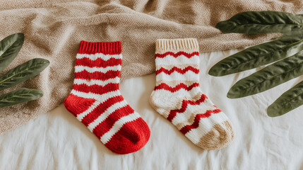 Cozy winter socks with red and cream patterns, perfect for holiday warmth and comfort at home.