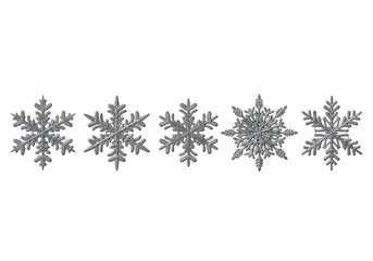 Five detailed snowflakes isolated on transparent background