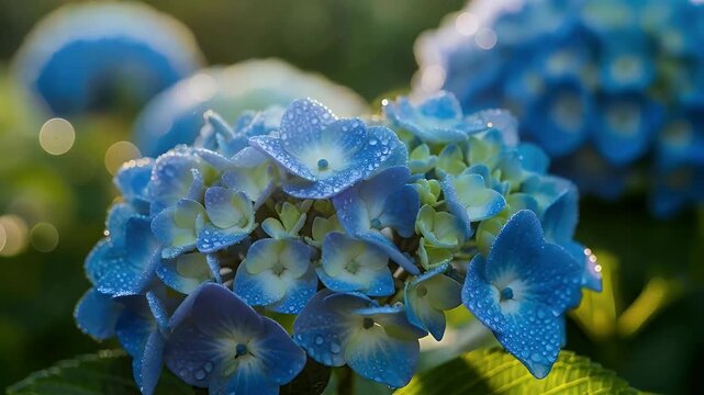 Blue Hydrangea Flowers with Water Droplets