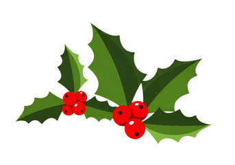 Illustration of two sprigs of holly with green leaves and bright red berries, isolated on a white background.