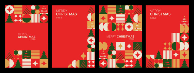Four modern christmas geometric patterns for greeting card design or holiday invitation. Minimalist festive abstract background grid.