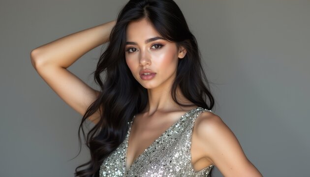 Elegant woman in shimmering silver dress