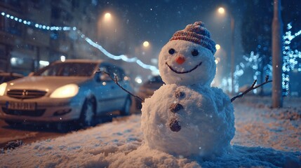 Obraz premium A charming snowman stands along a snowy street, radiating joy with its carrot nose and warm smile. Cars pass by in the background, illuminated by the soft glow of streetlights.