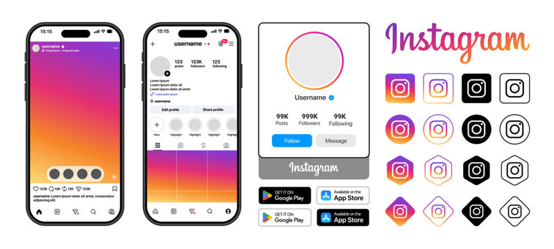 Instagram profile layout showcasing bio posts story reels badges logo get it button and download badge in a clean modern social interface vector illustration