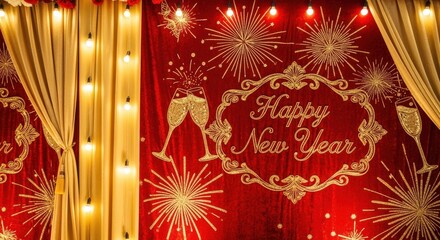 Festive New Year Backdrop with Champagne, Fireworks, and Golden Curtains
