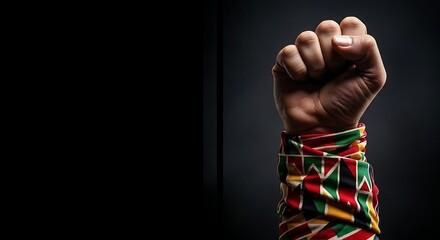 Empowered fist raised high against injustice, a vibrant symbol of resistance and cultural strength, ideal for social justice campaigns and impactful messaging