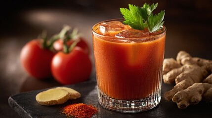 Savor the vibrant flavors of freshly-squeezed tomato juice, expertly blended with ginger, spice, and ice, creating a tantalizing and nutritious refreshment.