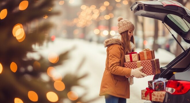 Woman loading Christmas gifts into car trunk. Happy female preparing for holiday celebration during winter season. Festive shopping concept.