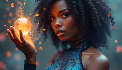 Enchanting woman holding a glowing orb of fire