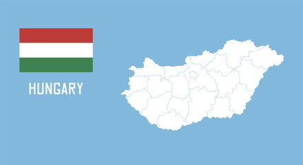 Hungary map. Vector Hungary map with Hungary flag isolated on blue background.	